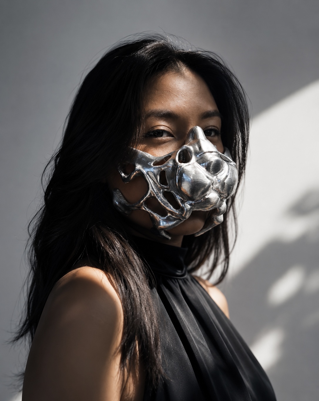 Sara-Ann, curator of MASKS, wearing a chrome INCARNATE mask